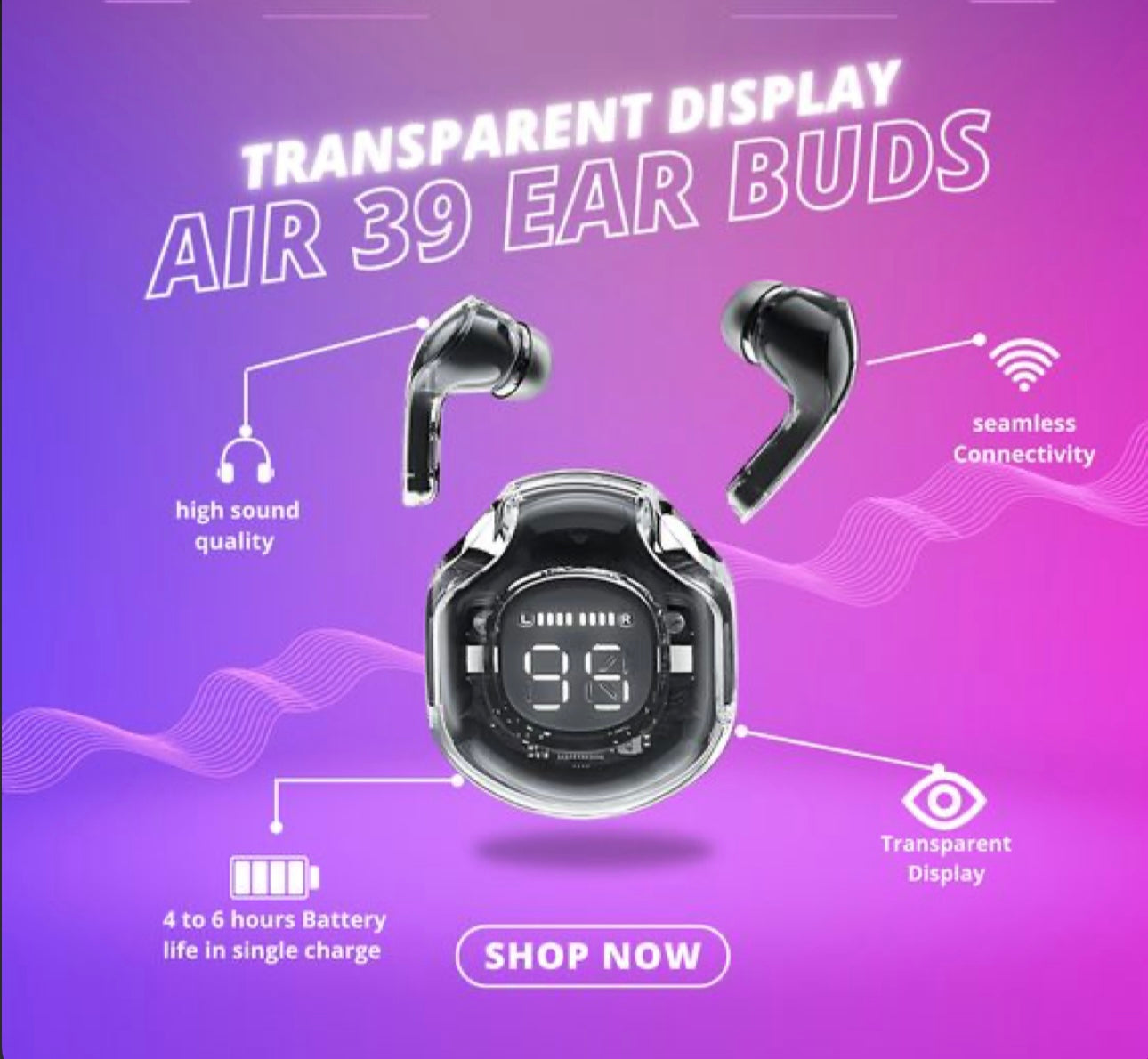 Air 39 Gaming Earbuds | Bluetooth 5.3 | ENC Technology | Display Crystal Transparent Case | Gadgets